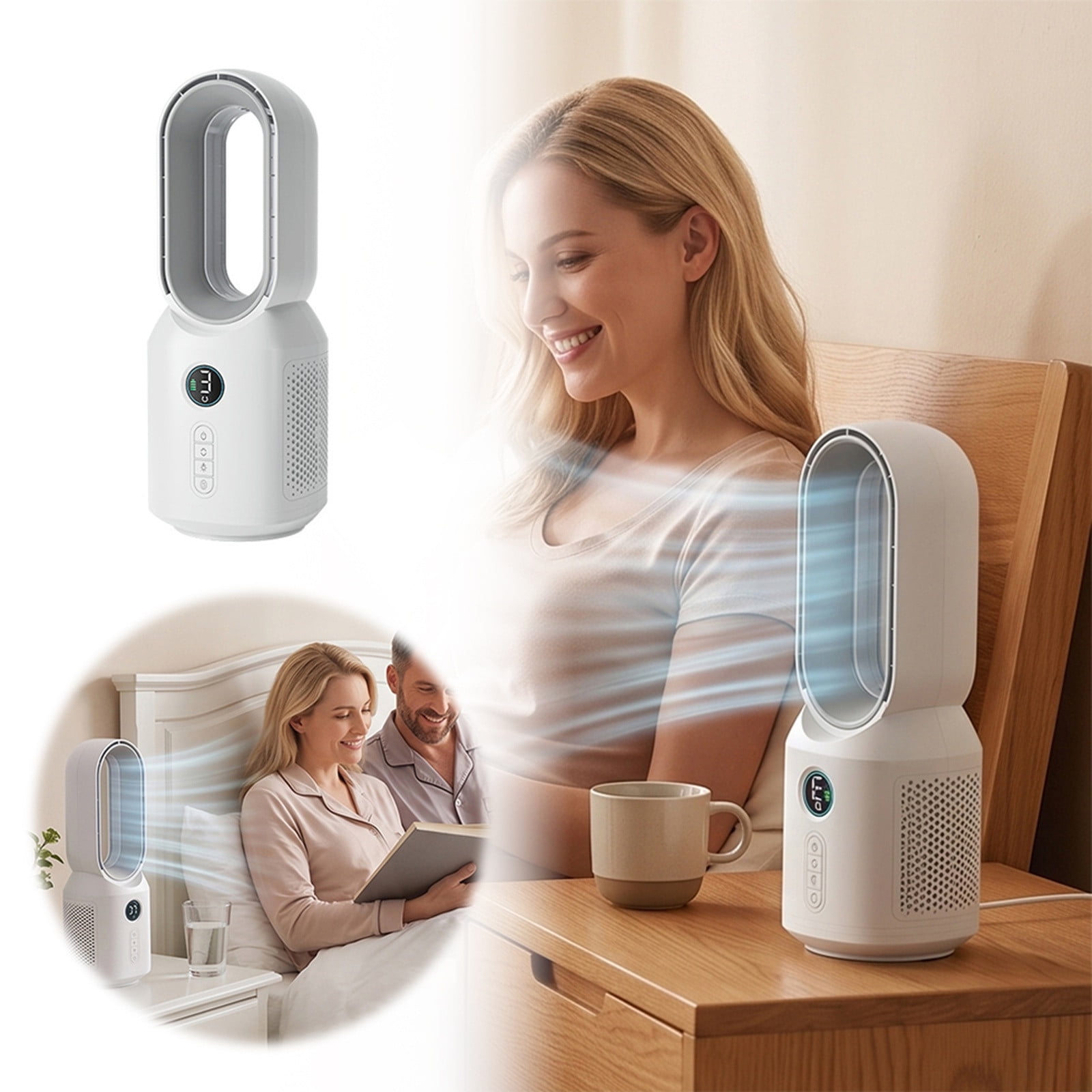 Leeye Compact Bladeless Desk Fan Aerodynamic USB Rechargeable 3 Speeds Oscillating Quiet Personal Cooling Fan for Home Office Bedroom, White, 13.46in