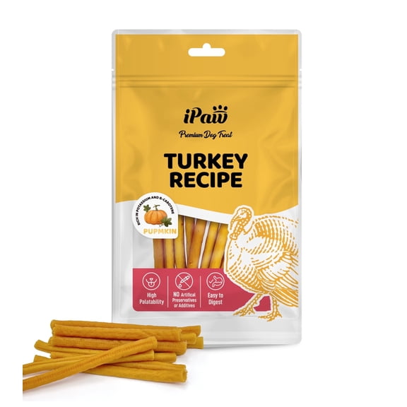 iPaw Turkey Dog Treats, All Natural Human Grade Dog Treat, Suitable for Training chew, Hypoallergenic, Rawhide Alternative, Thin Stick (Pumpkin)