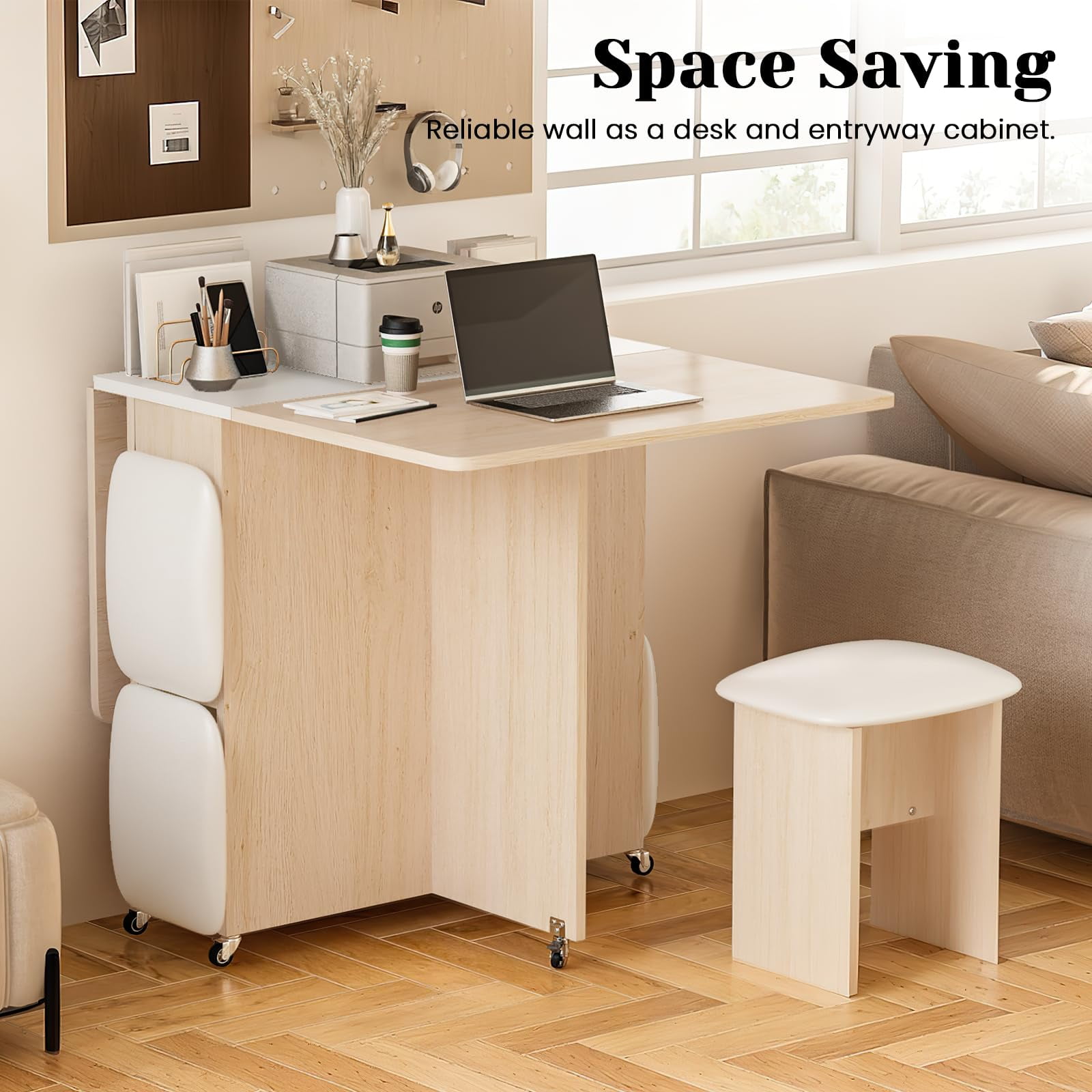 LinkRomat Folding Dining Table Set for 4, Kitchen Table with Shelves & 4 Leather Chairs, Space Saving Foldable Dining Table with 6 Wheel (Walnut)