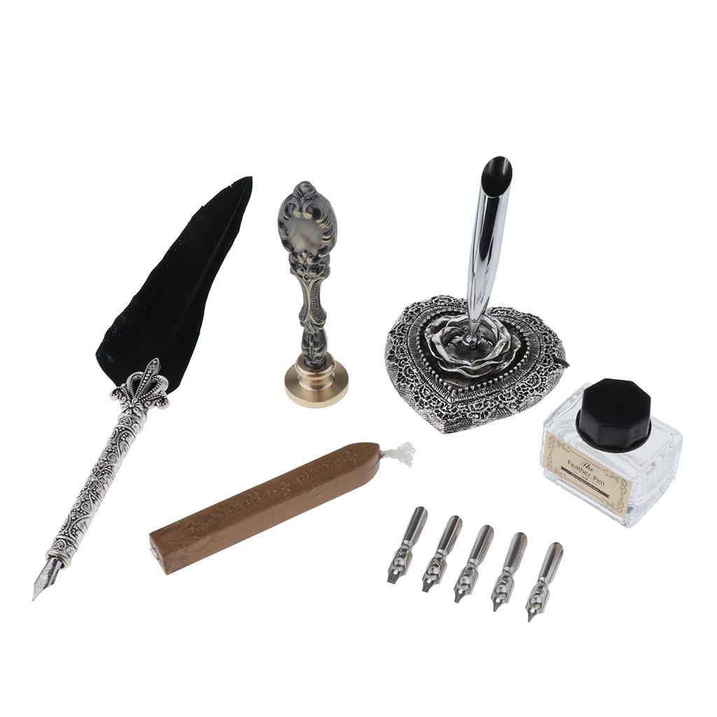 GUOOL Quill Dip Pen Holder Nibs Sealing Wax Teacher , as described Black
