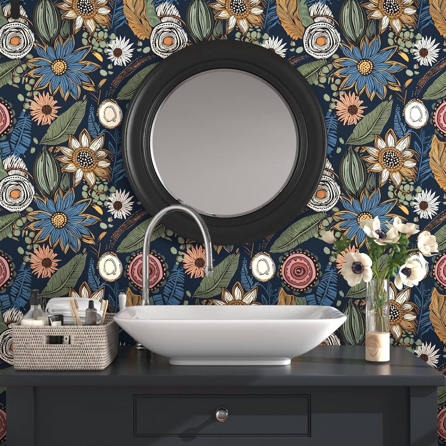 Boho Wallpaper Peel and Stick,Vintage Floral Contact Paper 17.5" x 118", Retro Botanical Flowers Wall Paper Self Adhesive Removable Waterproof for Walls Shelves Cabinet Table (Beige,Brown, Blue)
