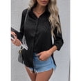 thumbnail image 4 of Uhndy Women's Blouses Button Down Roll up Long Sleeve Shirts Satin Embossed Casual Loose Tops Black XL, 4 of 5