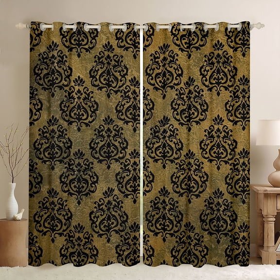 Castle Fairy Bohemian Black Damask Blackout Curtains Set of 2 (52x84 Each) for Boys Girls,Exotic Style Traditional Floral Flower Window Curtains,Retro Vintage Boho Curtains and Drapes Home Decor