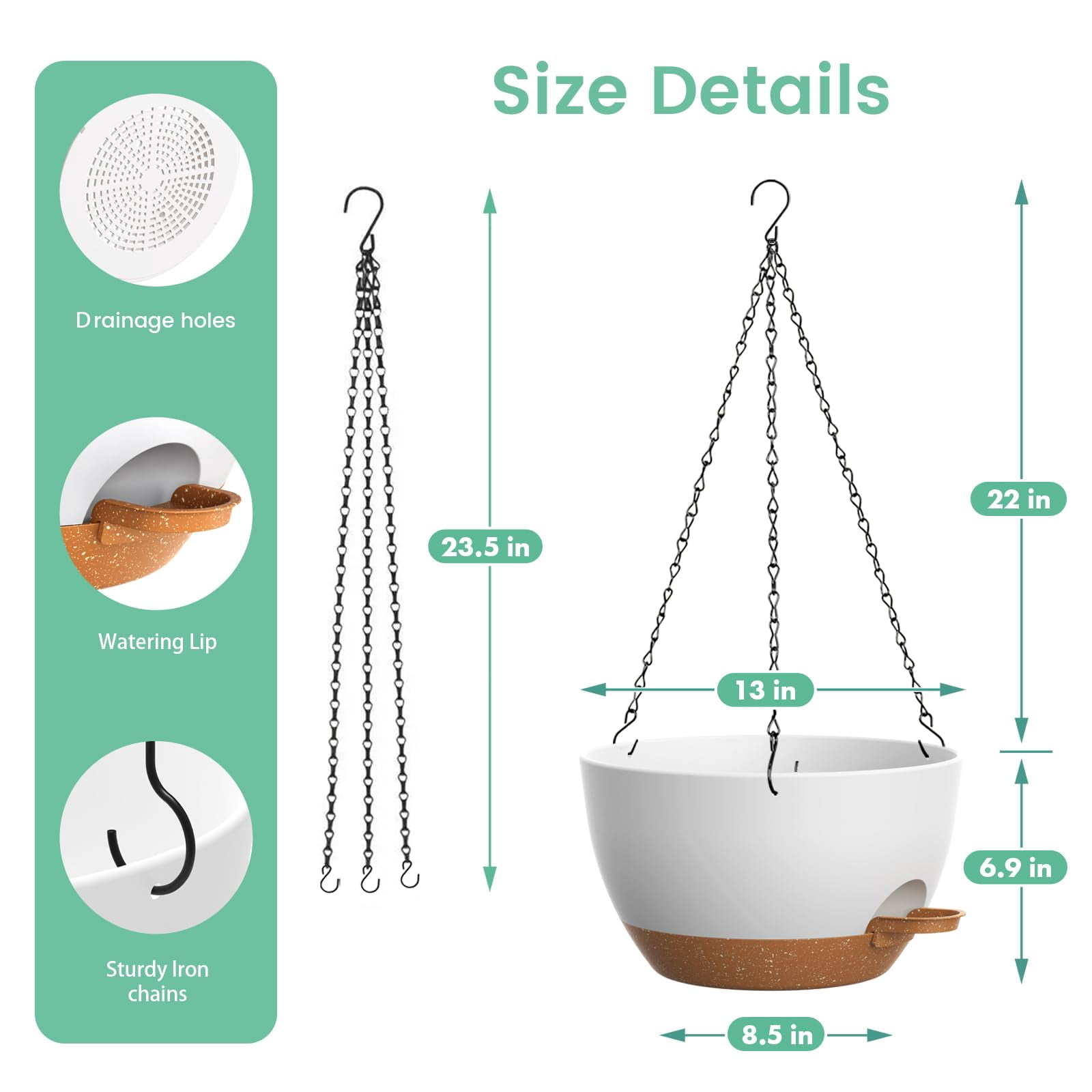 13 Inch 2 Pack Large Self Watering Hanging Planters for Indoor Outdoor Plants, Hanging Plant Pots with Removable 50 Oz Reservoir, Plastic Hanging Basket for Window Porch Garden,