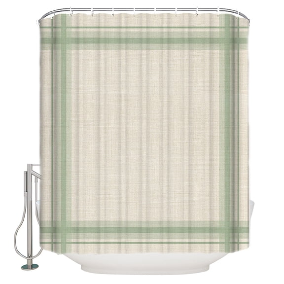Green Grid Lines Bathroom Shower Curtains with 12 Hooks Polyester Waterproof Shower Curtain for Stalls and Bathtubs Minimalist Stripes Linen Texture Beige Decorative Bathroom Curtain 72x84 Inches
