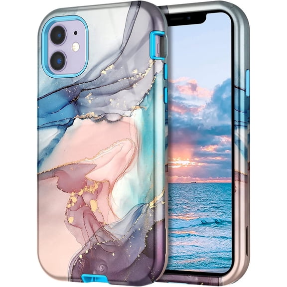 CASEFIV for iPhone 11 Case,Heavy Duty Shockproof Full Body Protective Marble Pattern Phone Cover for Women Girls,Blue Gray