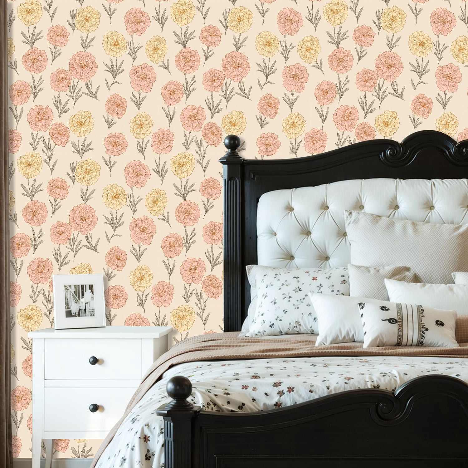 Peel and Stick Wallpaper Soft Pink Yellow Carnation Floral Beige vintage boho Wall Mural 23.6in x 9.8ft Self Adhesive Removable Wall Paper Renter Friendly Wallpaper for Bedroom Kitchen Bathroom