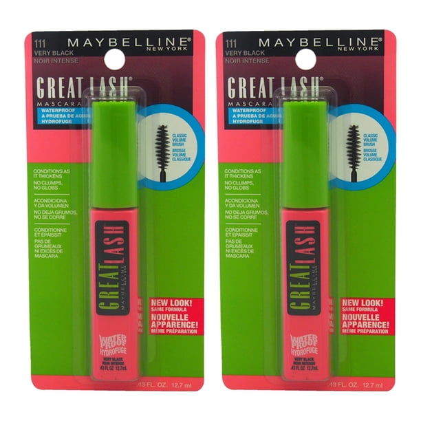 Máscara de pestañas a prueba de agua Great Lash - N.° 111 Very Black de Maybelline para mujeres - Máscara de pestañas de 0,43 oz - Paquete de 2