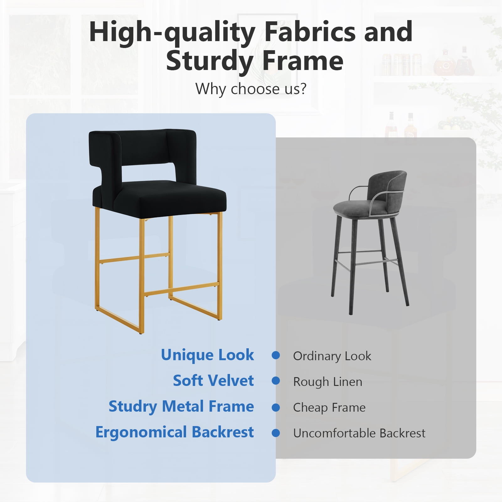 Lecut 26" H Counter Height Bar Stools Set of 2, Modern Velvet Bar Stools with Square Open Backrest and Gold Metal Frame, Kitchen Counter Stools for Island, Home Bar, Pub,Black+Gold
