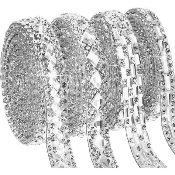 4 Yards Self Adhesive Rhinestone Ribbons 4 Styles Rhinestone Diamond Roll Bling Ribbon Glitter Resin Diamond Belt for Home Clothing DIY Craft Wedding (White,Delicate)