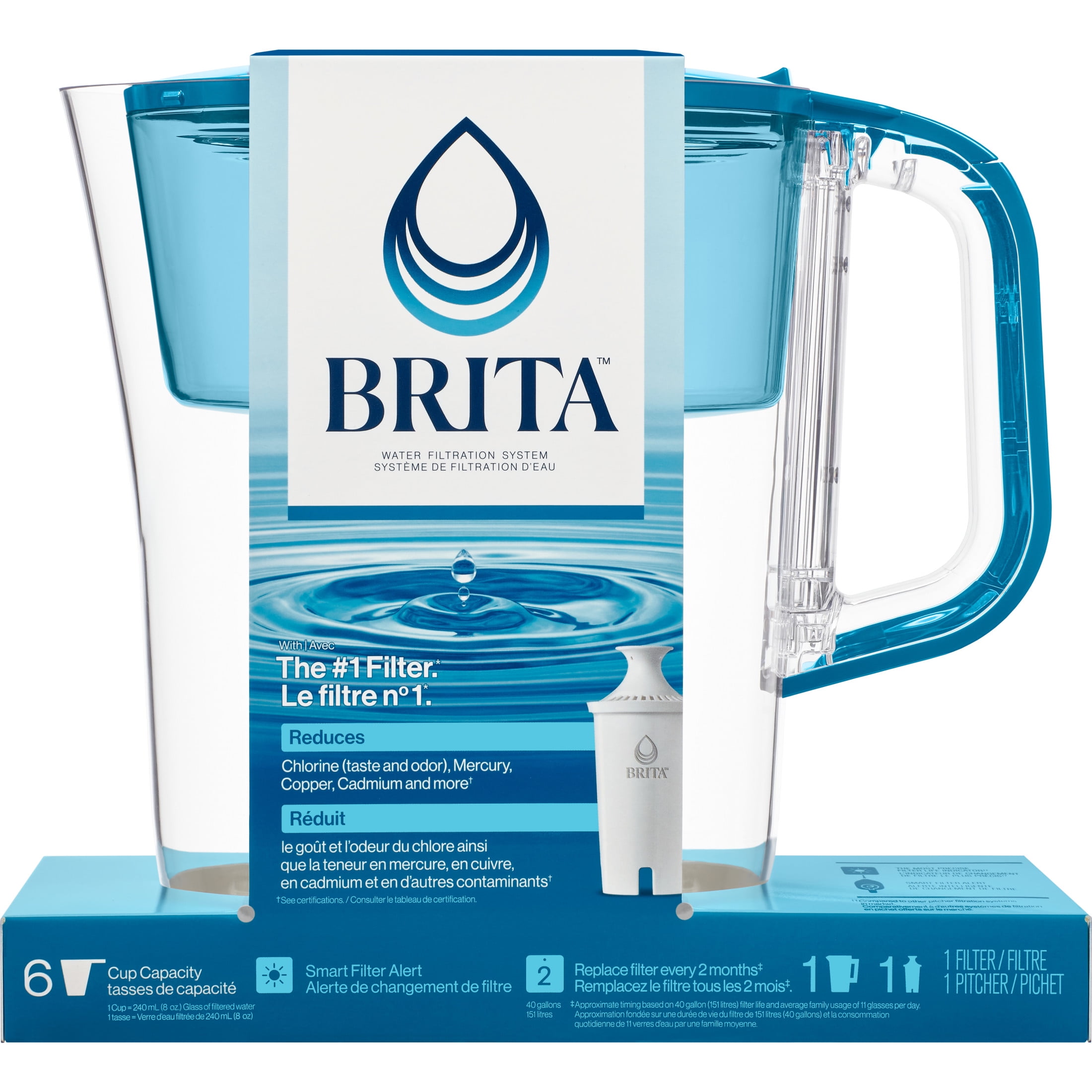 Brita Small 6 Cup Transparent Teal Denali Water Filter Pitcher with 1 Brita Standard Filter