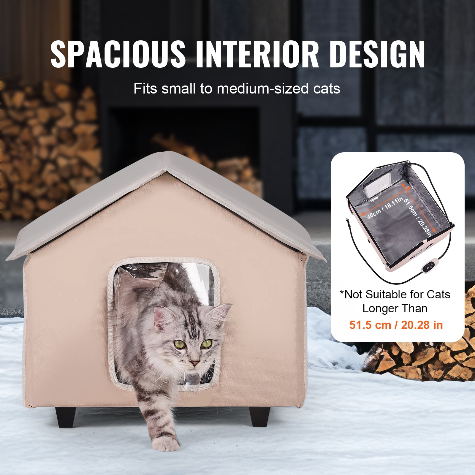 VEVOR Elevated Heated Cat House, Outdoor Kitty Shelter with Timer, 600D Oxford Cloth Foldable Cat Shelter with Heated Pad for Winter to Stay Warm and Cozy, Brown (Middle)