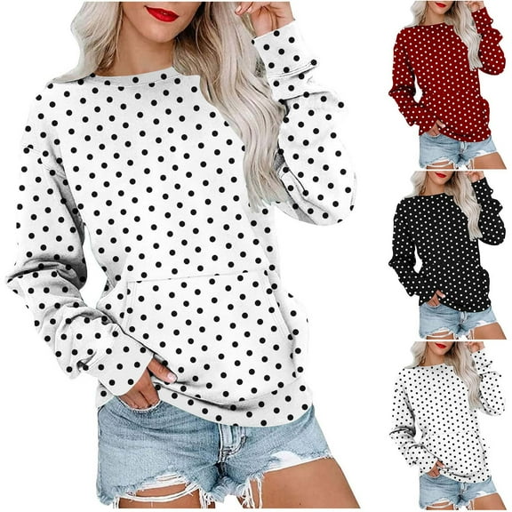 Womens Polka Dots Sweatshirt Crew Neck Long Sleeve Graphic Oversized Pullover Sweatshirt with Pocket for Fall Vcaation Black L