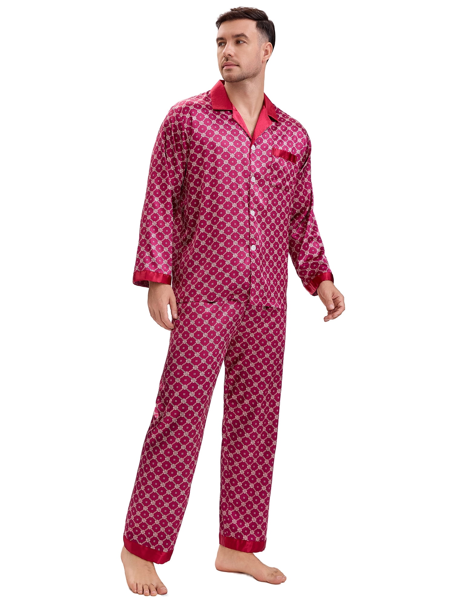 DARING DIVA Men's 2-Piece Button Down Printing Sleepshirt Pajamas Set L Red