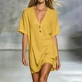 thumbnail image 6 of Qiopertar Summer Dresses for Women Boho Vacation Beach Dress Button Down V Neck Short Sleeve Loose Flowy Slit Casual Party Sundress, Yellow S, 6 of 7
