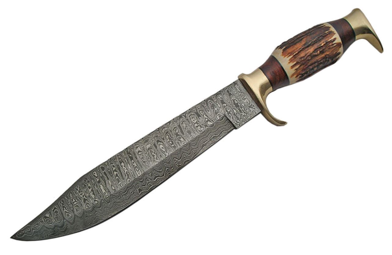 SANZ 16.25" Damascus Steel Blade Hunting Knife With Stag Handle, Full Tang With Leather Sheath