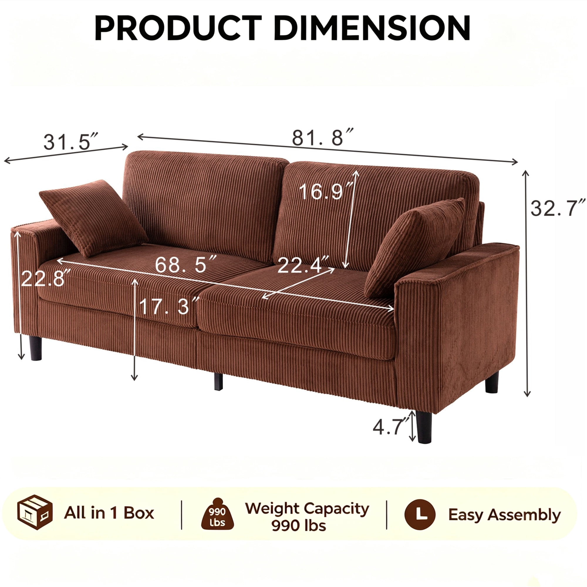 Aukfa 82" Square Arm Sofa 3 Seat Deep Seat Upholstered Couch for Living Room Bedroom, 2 Pillows, Corduroy, Coffee
