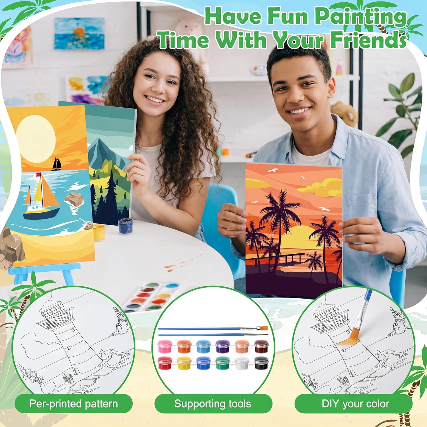 10 Set Pre Printed Canvas Pre Drawn Canvas Painting with Easel Kits 5" x 7" Outline Painting Panels for Beginners, DIY Craft Project, Home Decors(Summer)