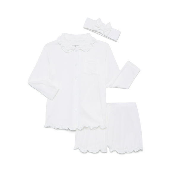 Catherine Malandrino Girls Pointelle Long Sleeve Top, Shorts and Headband Pajama Set, 3-Piece, Sizes 5-16