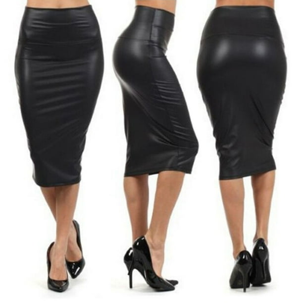 Flmtop Fashion Sexy OL Women Faux Leather High Waist Knee Length