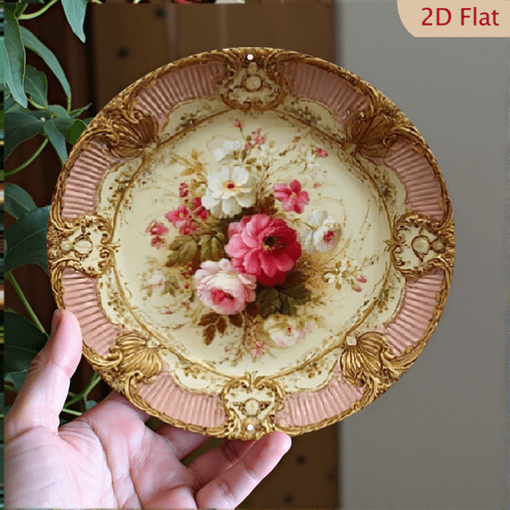 Vintage Floral Plate Round Aluminum Sign - Victorian Wall Decor, 1pc, 8" Wall Art Metal Signs For Kitchen, Office, Bedroom, Room, Home, Bathroom Decor, Housewarming Gift, 2D Flat