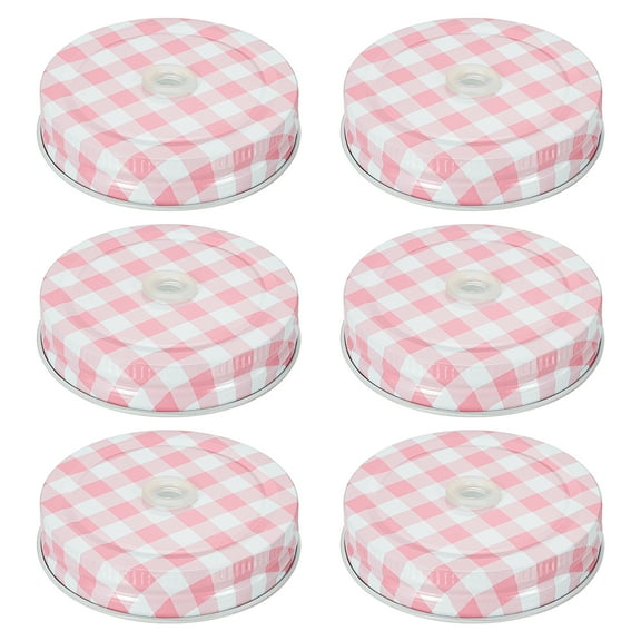 6pcs Mason Jar Lids 2.76" Tinplate Canning Covers with Straw Hole, Pink Gingham