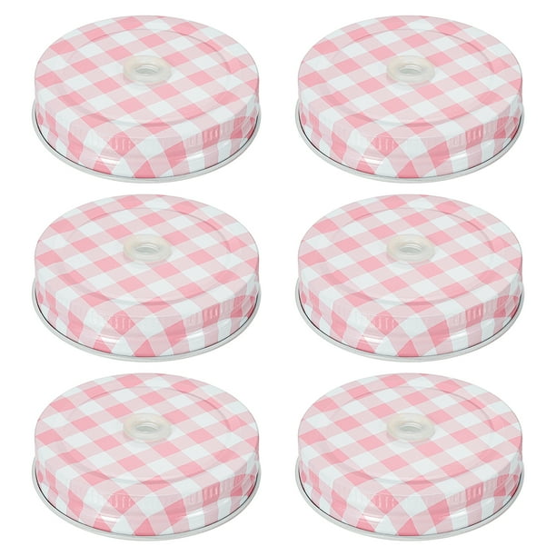 6 piezas de tapas de frascos de mason de 2.76" de hojalata con agujero para popote, cuadros rosas
