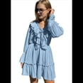 thumbnail image 2 of Vestido Corto Informal de Verano para Mujer, con Escote en V, Larga, Holgado, Cintura Alta, Plisado y Volantes Azul M, 2 of 8