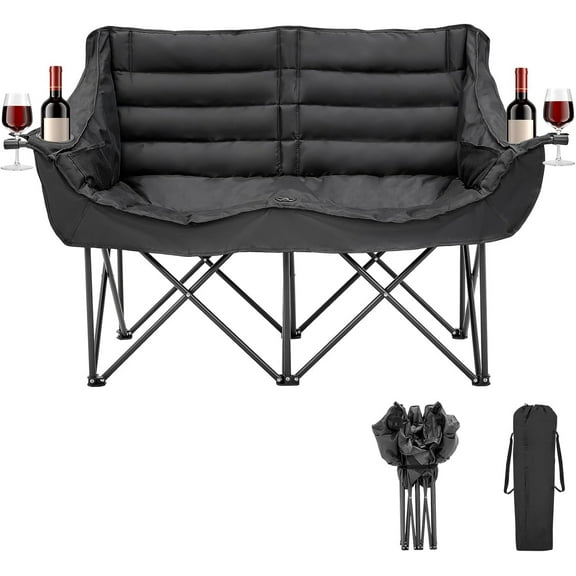 LLToo Folding 2 Person Camping Chair Loveseat Fully Padded Couch Chair 550 lbs-Black