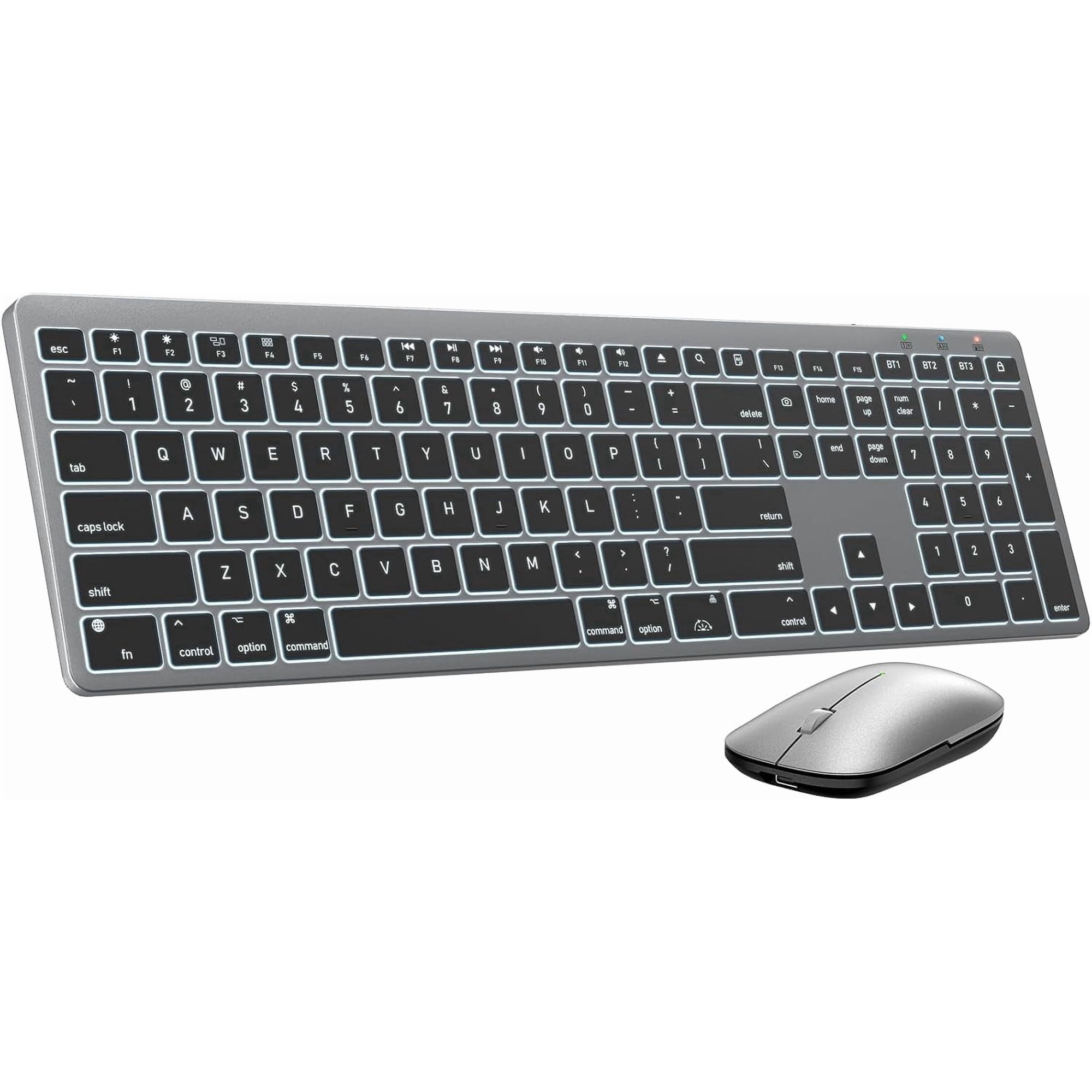 Bluetooth Keyboard & Mouse Combo for Mac, Full-Size, 7-Color Backlit, Multi-Device, Rechargeable, Quiet Scissor-Switch (Space Gray)