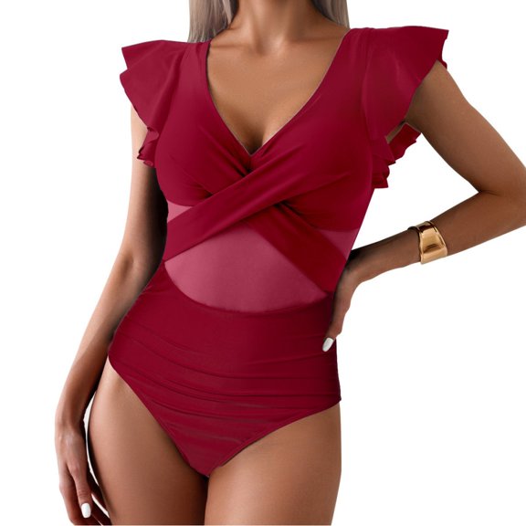 LYMAYTER Womens One Piece Swimsuit Slim V Neck Bathing Suit Ruffle Sleeve Beachwear Swimwear S-2XL