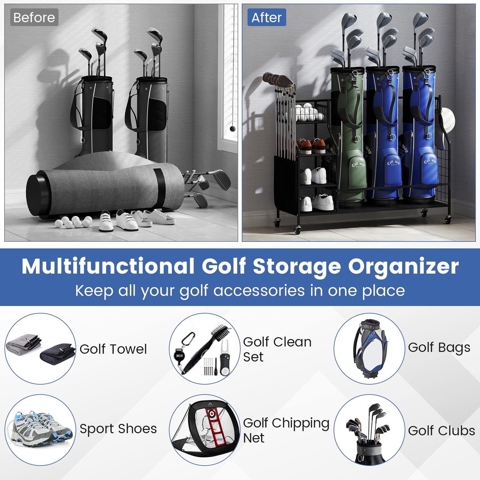 Gymax Golf Bag Organizer 3 Golf Bag Stand for Clubs Balls and Golfing Equipment