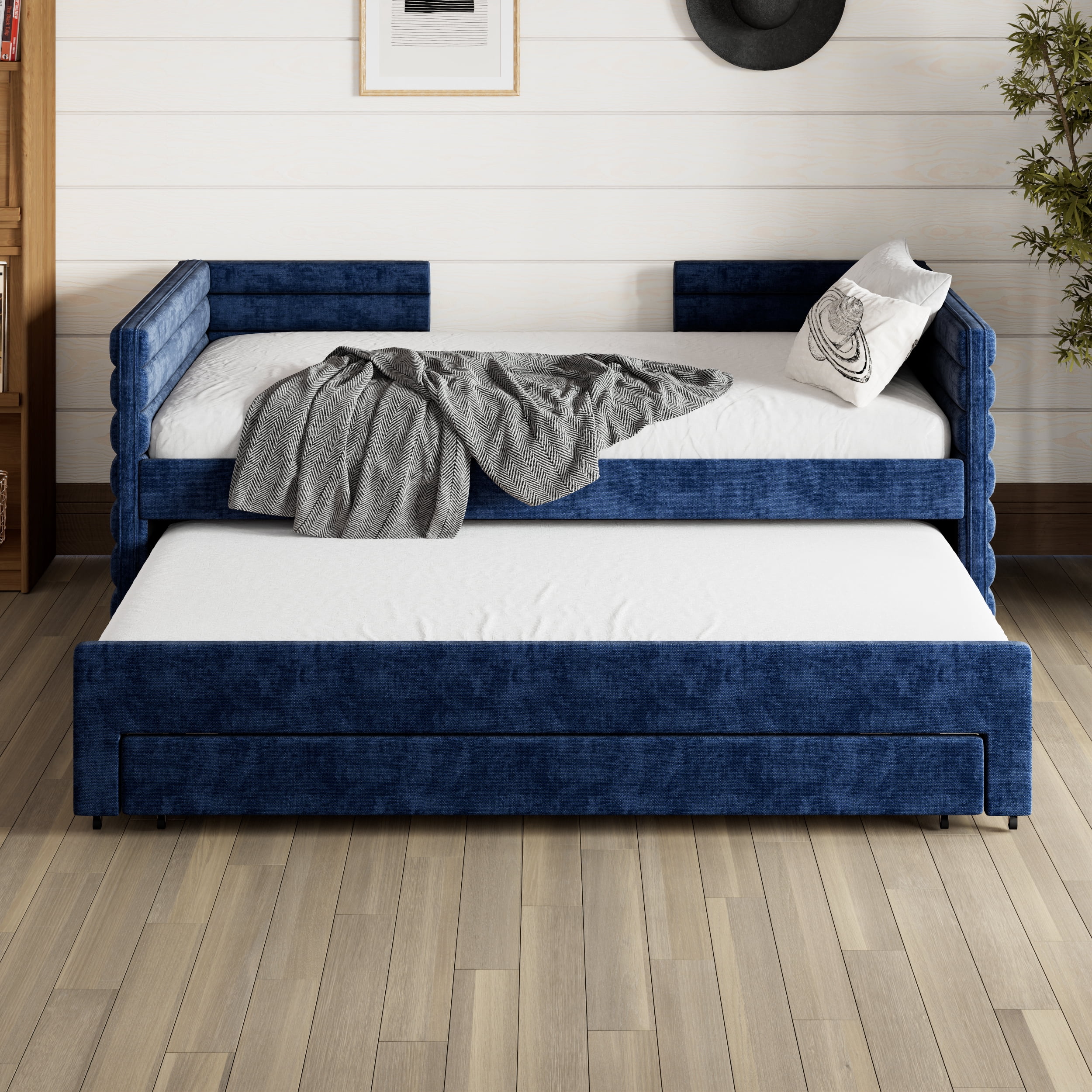 MAYEERTY Twin Upholstered Daybed Trundle 3 Drawers Chenille Sofa Bed for Guest Room Living Room Dark Blue