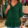 thumbnail image 5 of Tqcoqu Women's Solid Loose Flowy Casual Chiffon Blouse Top,V Neck Tie Front 3/4 Flared Bell Sleeve Ruffle Hem,Green Women's S-XXXL, 5 of 7