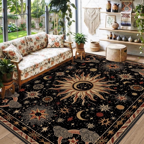 Hovilon Vintage Star Area Rug Black Base Boho Astrology Tarot Floor Carpet, Crystal Velvet Non-Slip Washable Indoor Rug for Bedroom Living Room, 120x180 cm