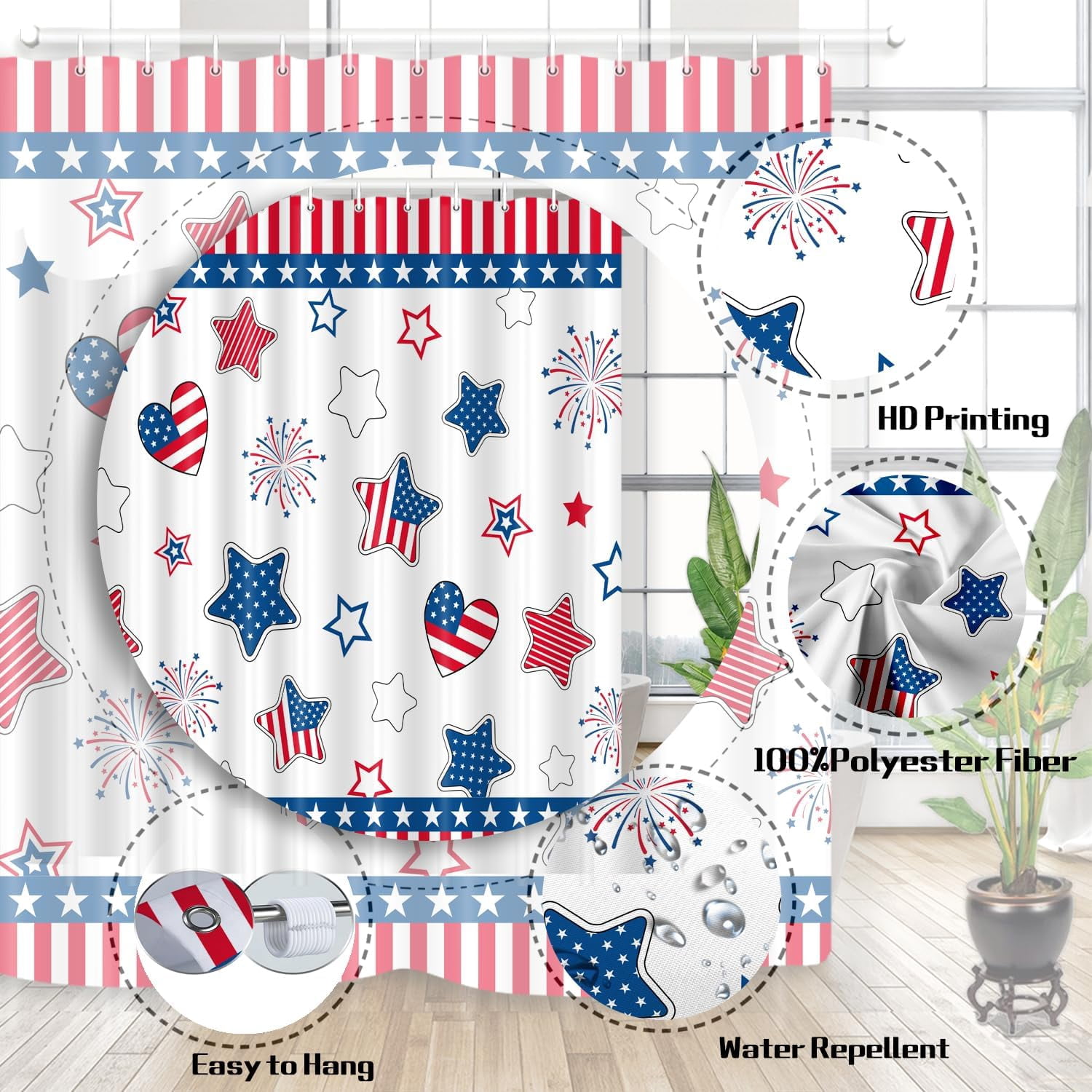 4th of July Independence Day Shower Curtain Set, 4th of July American Flag Patriotic Star Fabric Bathroom Shower Curtain Family Holiday Decor Bathtub Curtain with 12PCS Hook
