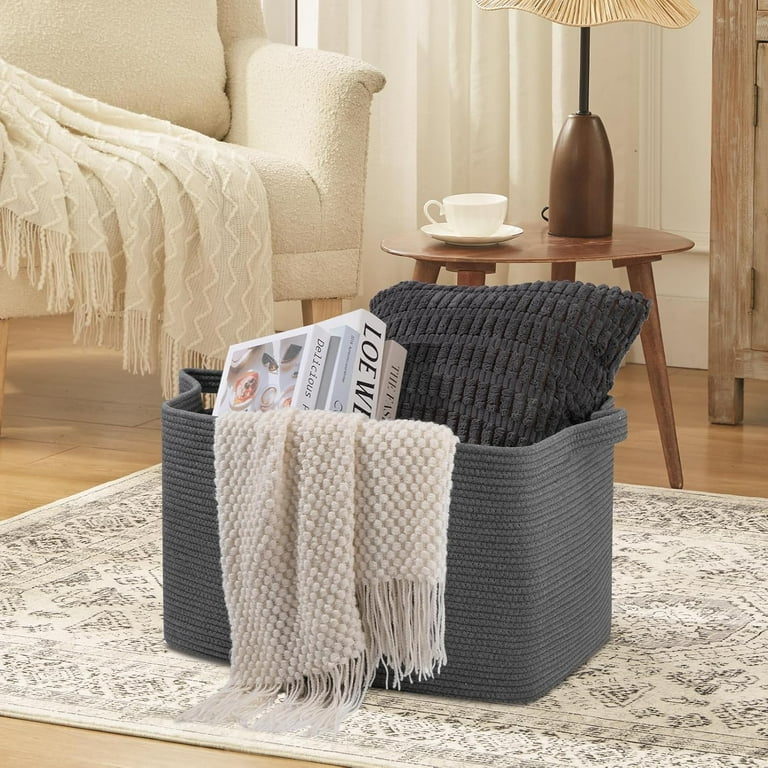 Large Blanket Basket 22"X 14" Woven Rope Baby Basket Black Blanket Storage Fo
