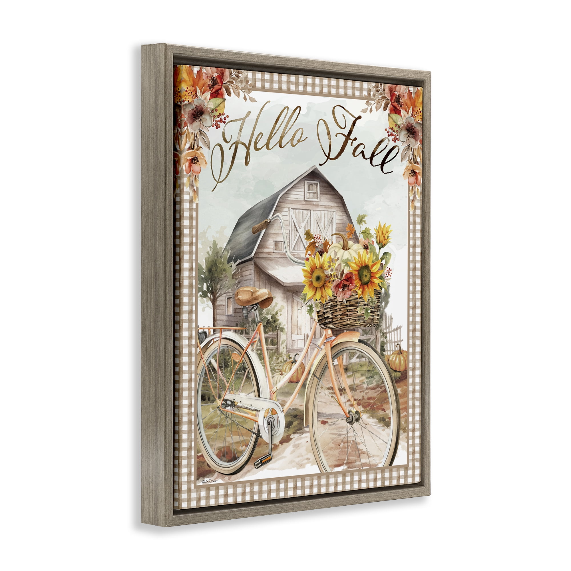 Stupell Industries Hello Fall Cottage Bicycle Botanical & Floral Painting Brown Floater Framed Canvas Art Prints Wall Art, 17 x 21