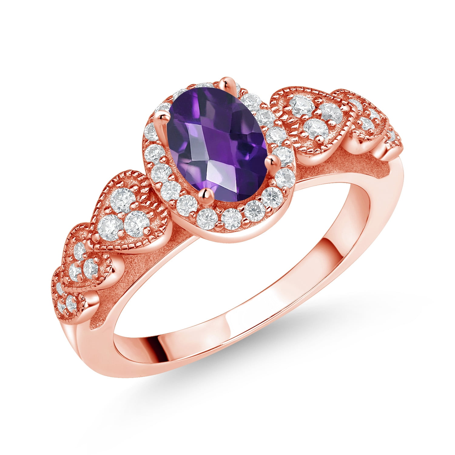 Gem Stone King 18K Rose Gold Plated Silver Purple Amethyst and White Moissanite Engagement Ring for Women | 0.93 Cttw | Oval Checkerboard 7X5MM | Gemstone February Birthstone | Size 6