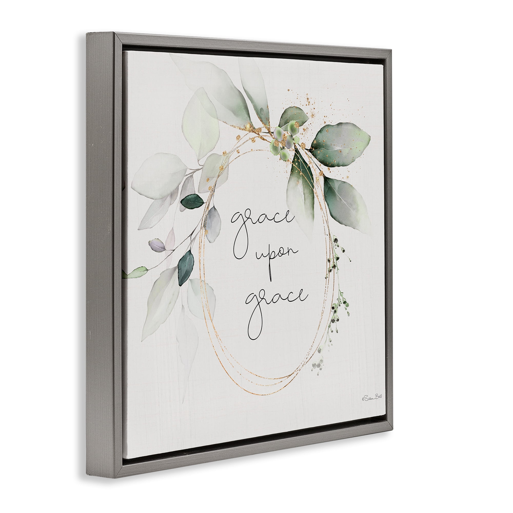 Stupell Industries Grace with Soft Leaves Botanical & Floral Painting Gray Floater Framed Canvas Art Print Wall Art, 18 x 18