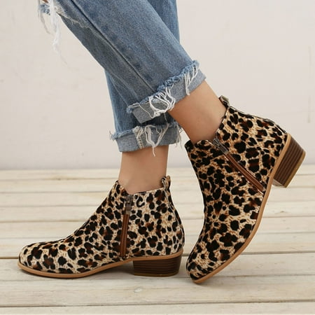 

NEGJ Fashion Autumn Women Ankle Boots Heel Low Heel Side Zipper Leopard Print Casual Comfortable