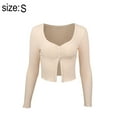 thumbnail image 2 of Women's V Neck Long Sleeve Button Front Ribbed Knit Crop T-Shirt Tee, 2 of 5