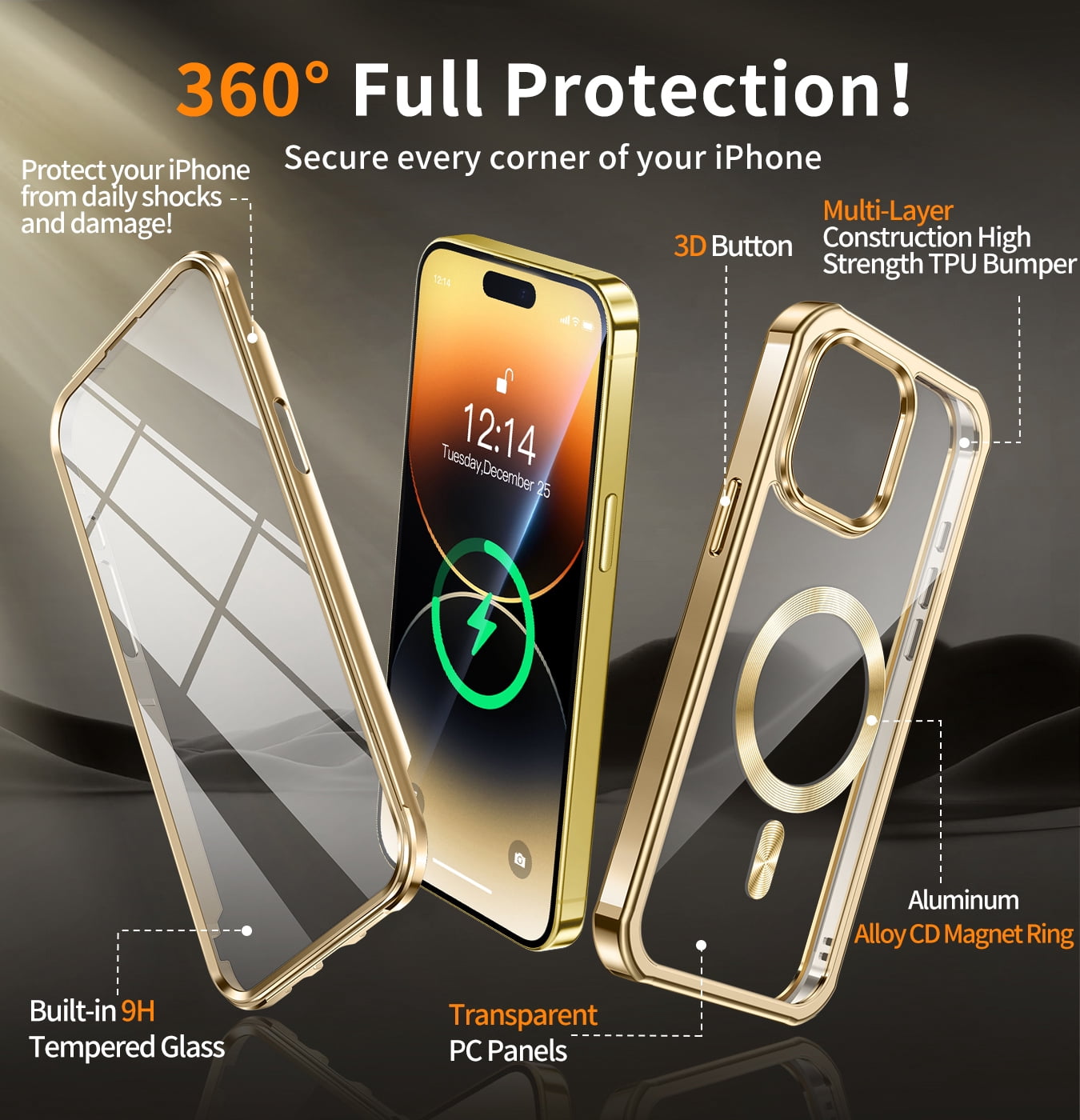 JETeacka iPhone 14 Pro Case(6.1") MagSafe Compatible Full Body Rugged Built-in Touch Sensitive Screen Protector Anti-Scratch Clear Case, Luxury Gold