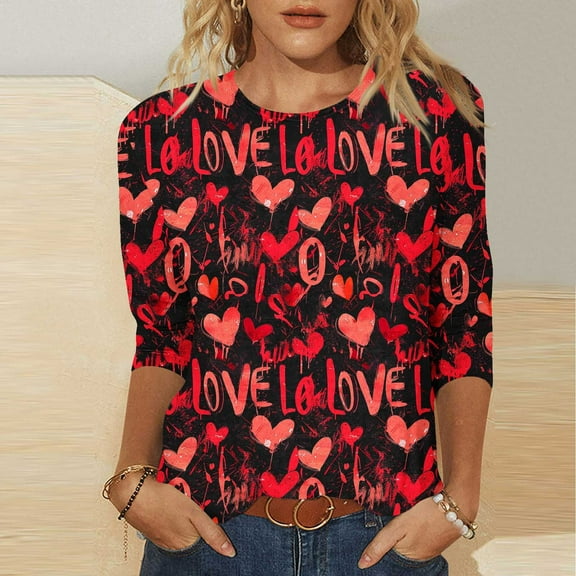 Hxlamzoo Valentines T-shirts for Women Cute Love Heart Graphic Pullover Casual 3/4 Sleeve Crewneck Tops S-5XL