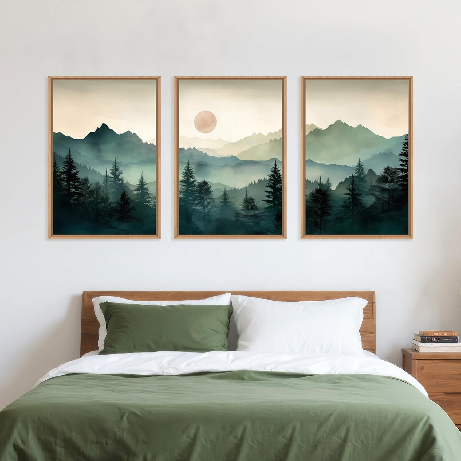 Large Boho Mountain Framed Wall Art Set,Watercolor Pine Tree Wall Painting,Abstract Foggy Green Forest Artwork,Modern Nature Sunrise Wall Decor for Living Room,Bedroom,Office-16 x24 x3