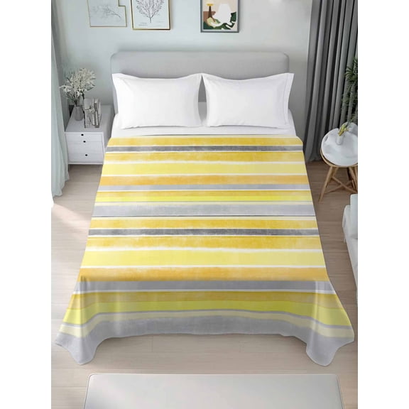 Yellow Nordic Style Stripes Twim XL Size Flat Sheet, Wrinkleproof & Fadeproof Cooling Flat Bed Sheet Only, Yellow Gray Texture Breathable Soft Bedding Top Sheets 66 x 102 Inches