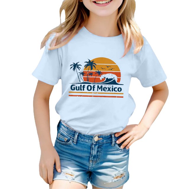 T-shirts Filles Haut Ample Col Rond Mode Imprimé Enfants Manches Courtes Décontracté Vêtements Filles Bleu 4-5 Ans