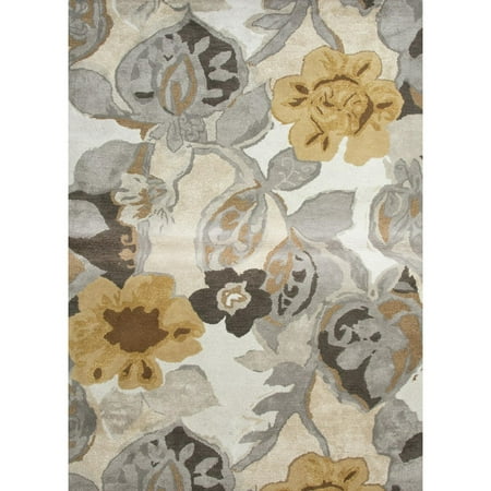 8 Inch Pusher - 5' x 8' Caramel, Gray and Brown Petal Pusher Modern Wool and Art Silk Area Throw Rug