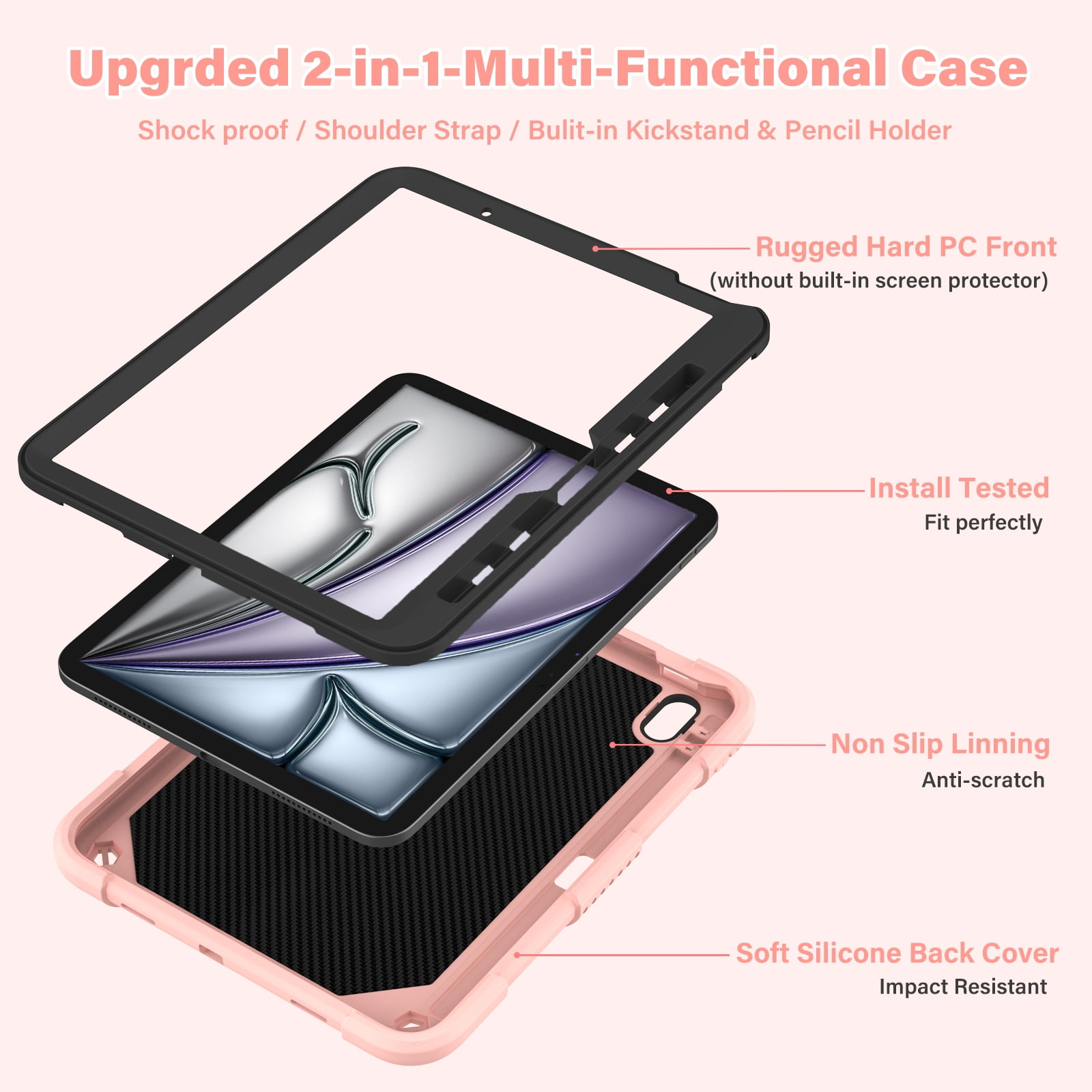 Dteck Kids Case for iPad Air 11 inch M2 2024,iPad Air 11 inch 2025 M3 Butterfly Kickstand Silicone Case Shockproof Armor Built-in Pencil Holder Kids Friendly Cover with Shoulder Strap,Pink