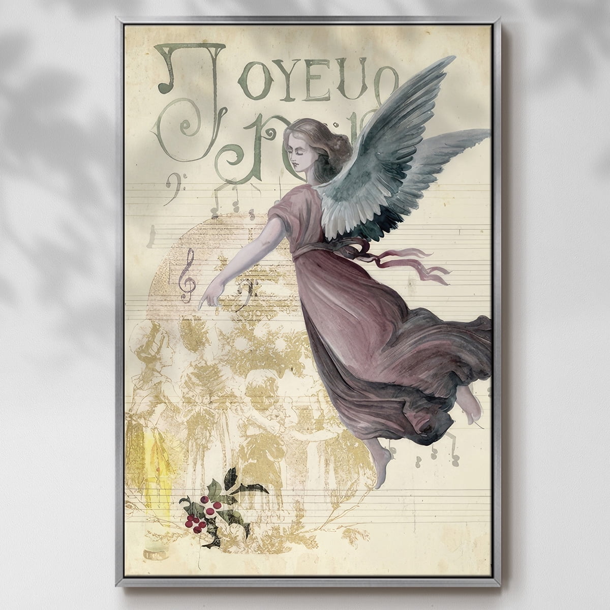 Christmas Greetings Collection B - Framed Gallery Wrapped Holiday Canvas - 27 x 41 - Silver Frame